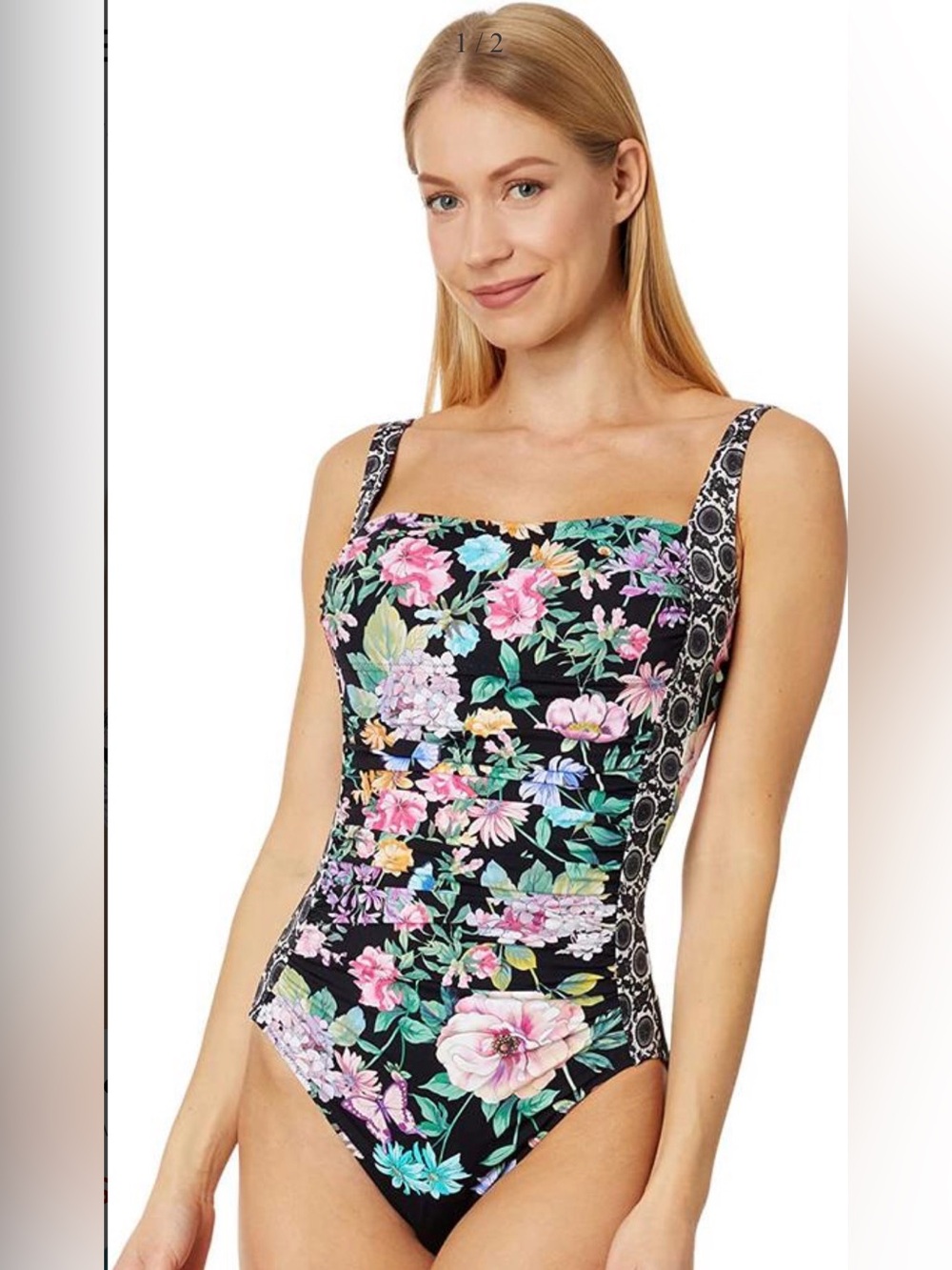 Johnny Was Floral Ruched Black One-Piece Swimsuit  Size L